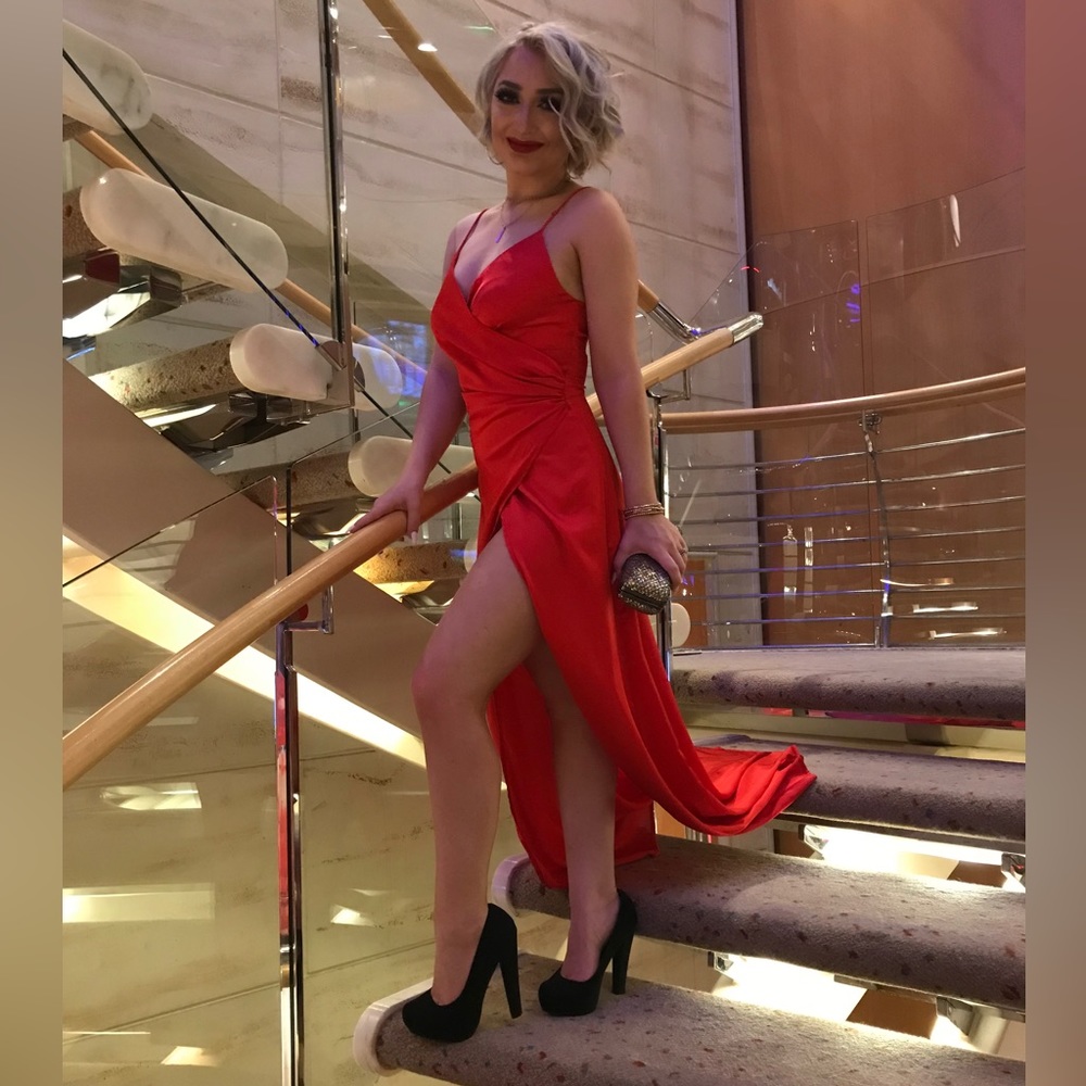 Missguided red satin maxi dress with slit sz 2